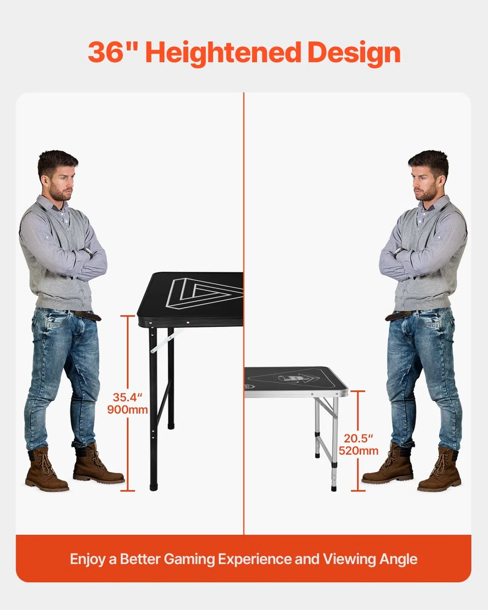 VEVOR Tavolo da Beer Pong Portatile da 2,4 m, Tavolo Pieghevole Rialzato da 91 cm Maniglie per Trasporto e 6 Palline da Pong, Leggero per Portellone Posteriore Auto per Viaggio, Campeggio, Nero