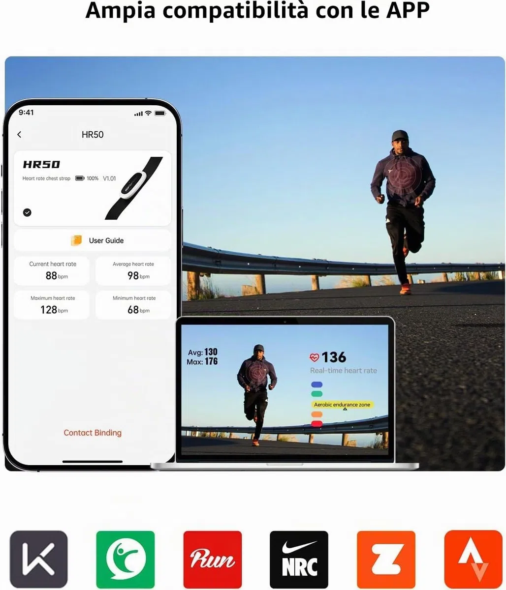 iGPSPORT HR50 Monitor di frequenza cardiaca Bluetooth & Ant+ con cinghia toracica per corsa, ciclismo, palestra e compatibile con Garmin Polar Wahoo - Nero