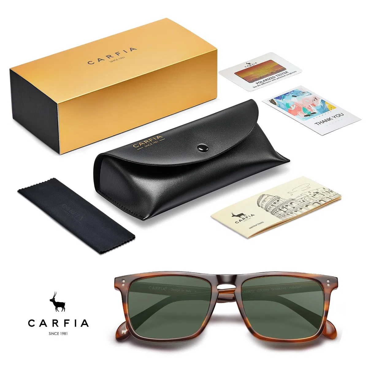 Carfia Occhiali da Sole Polarizzati Retrò da Uomo Protezione UV 400 Montatura Rettangolare in Acetato Design di Marca alla Moda CA53572