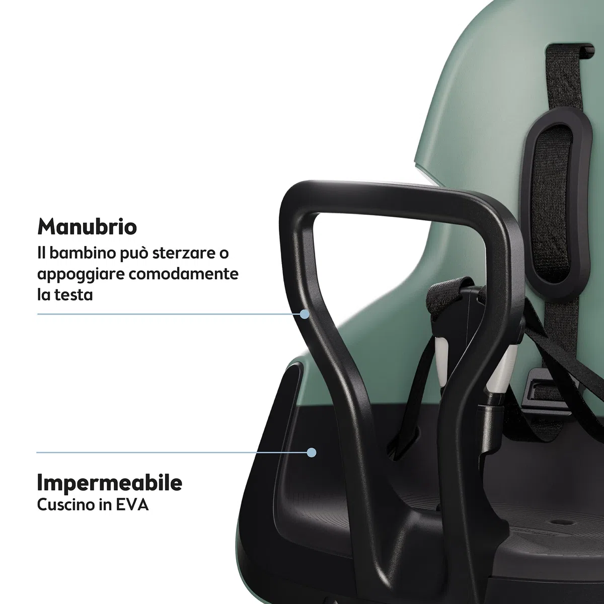 Seggiolino Anteriore Da Bicicletta Per Bambini Bobike EVOLVE MINI con Sicurezza Doppia, Design Avvolgente e Montaggio su Tubo di Sterzo per il Massimo Comfort e Stile