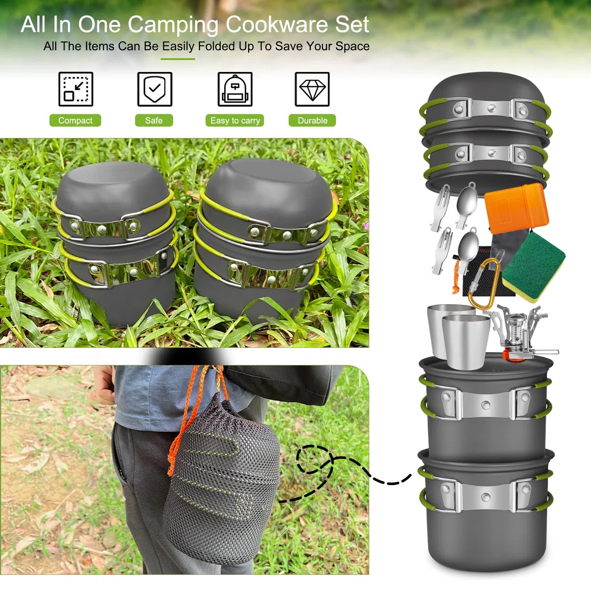 AUTOPkio Set di Pentole da Campeggio, 18 PCS Pentola e Padella Campeggio | Alluminio Fornello da Campeggio, Tazza, Posate Pieghevoli Stoviglie Campeggio per Picnic Trekking Escursionismo
