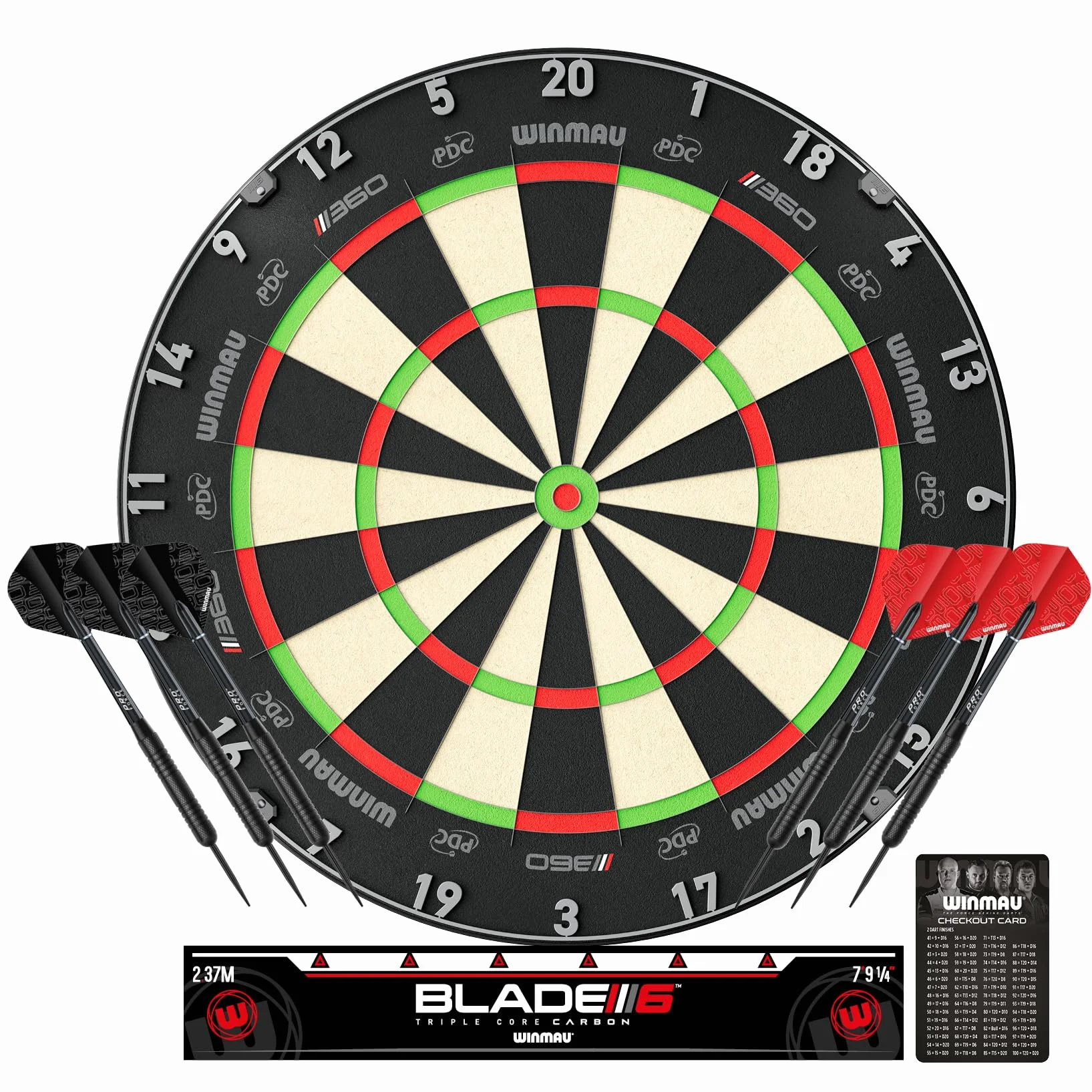 WINMAU Blade 360 Triple Core Carbon Dartboard Set – Include il Dartboard Blade 360 con 2 set di freccette da 19g con punta in acciaio (1 set nero e 1 set rosso), scheda di finish e altro