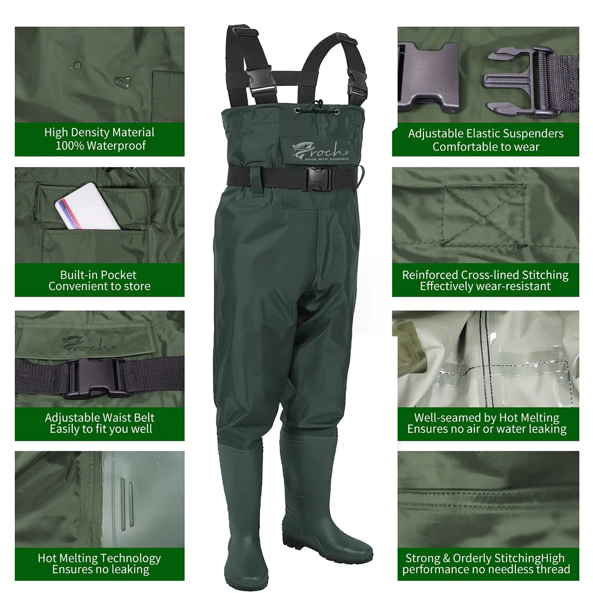 Croch Waders pesca Stivali da pesca per uomo e donna, impermeabili, in PVC e nylon con gomma, taglia 44, ideali per la pesca, verde