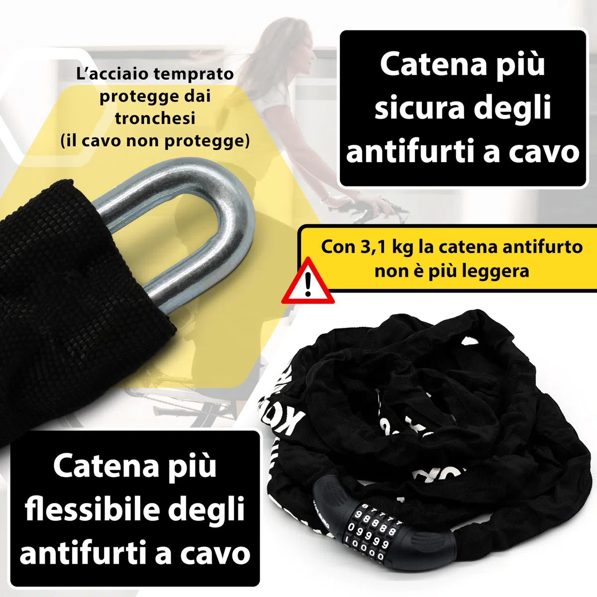 KOHLBURG Catena antifurto 5 m extra lunga con combinazione numerica, 500 cm & acciaio speciale 6 mm con a codice, lucchetto a combinazione 5 m per bici, e-bike, e‑scooter, mobili da giardino, barca