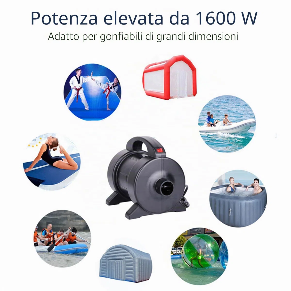 Kavolet 1600W Pompa Elettrica, Pompa Portatile per Materasso Gonfiabile a Rapido Gonfiaggio Pompa ad Aria Elettrica Gonfiatore Deflatore con 2 Ugelli per Schlauchboot, Tavola da Surf