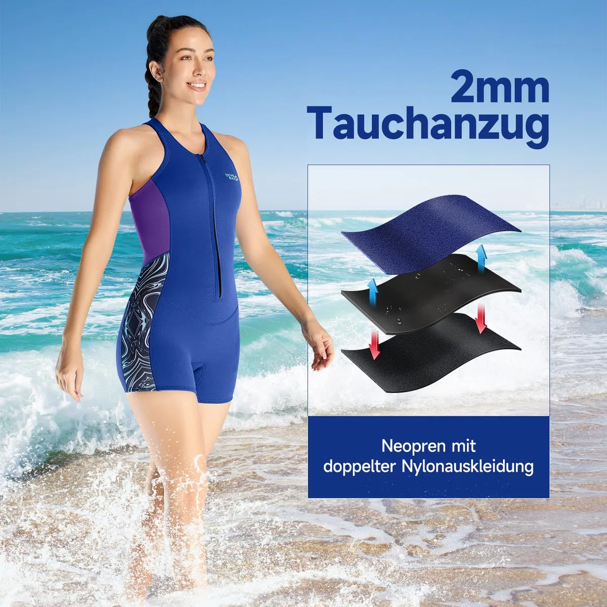 Muta corta da donna, 2 mm, con cerniera frontale, per immersioni, surf, mute elasticizzate, in neoprene per nuoto, immersioni, snorkeling