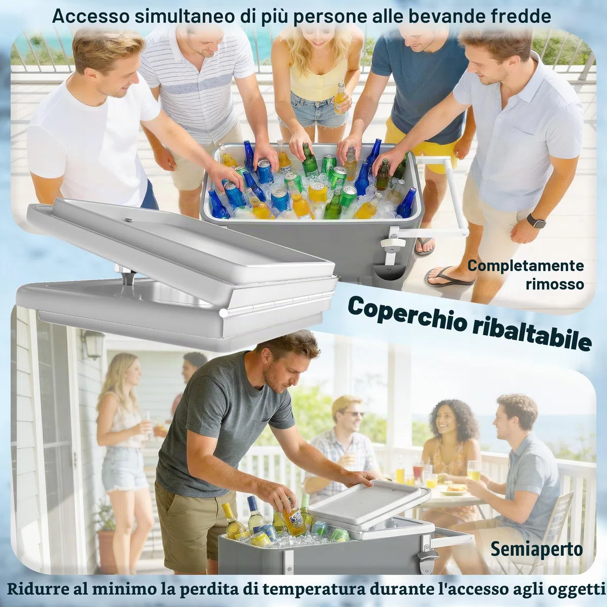Outsunny Carrello refrigerante con capacità di 56 l, con ruote, apribottiglie, ripiano inferiore, manico carrello per bevande, refrigeratore, portabicchieri per feste all'aperto e barbecue, grigio