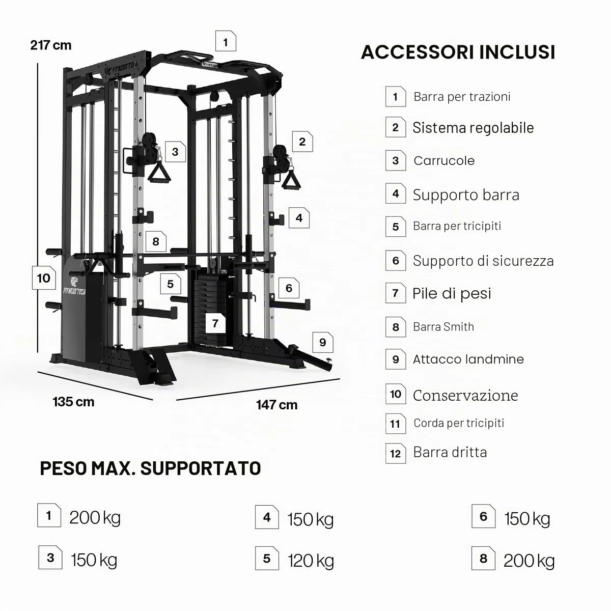 Multistazione Palestra Home Gym Smith Machine S8000 150 kg con 2 Torri Pesi | Macchina Palestra Multifunzione con Lat Machine, Pulegge 2:1 e Barra Guidata
