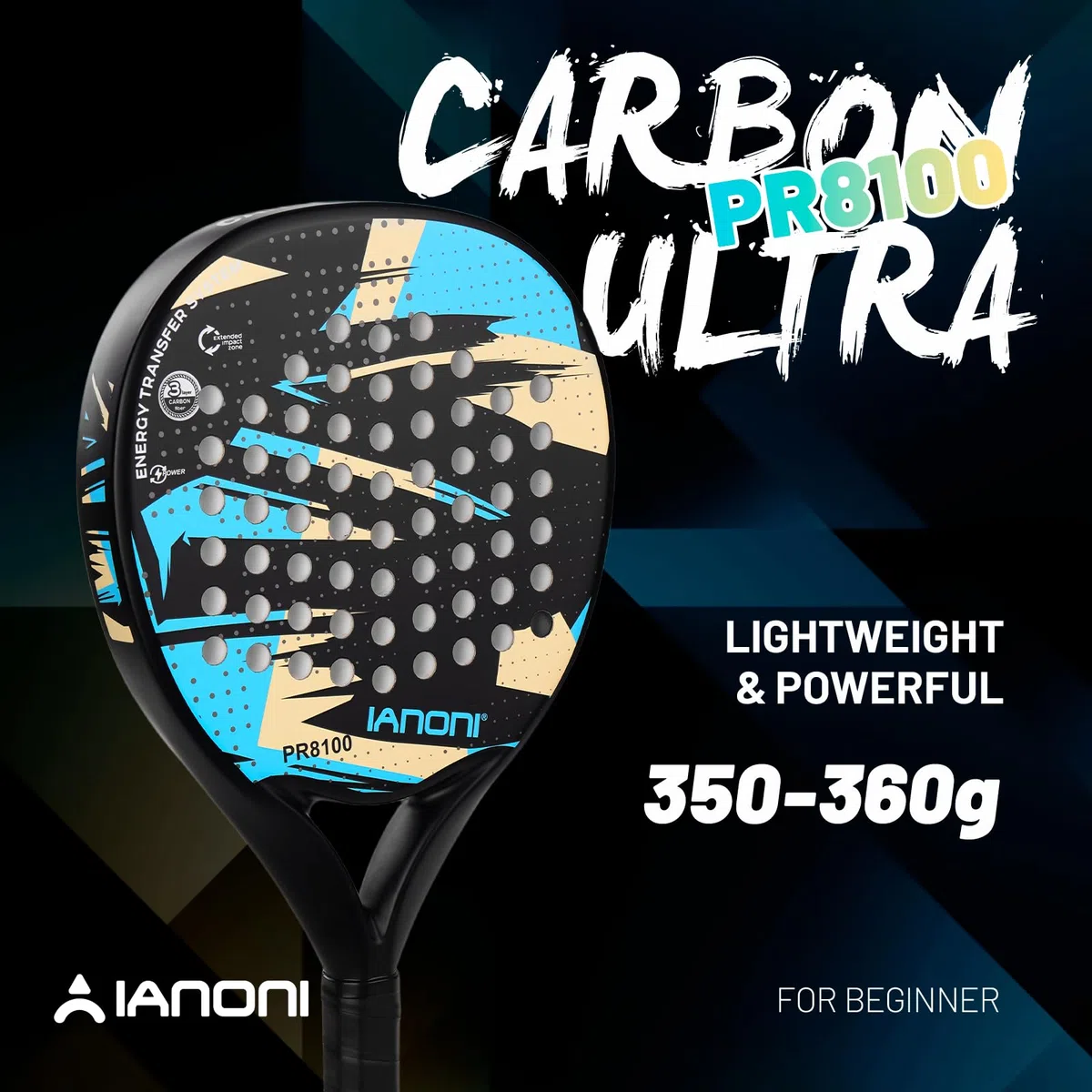 ianoni Racchetta da padel con superficie in fibra di carbonio con nucleo in schiuma EVA Memory Flex Core POP Padel Racquts-8100-azzurro cielo