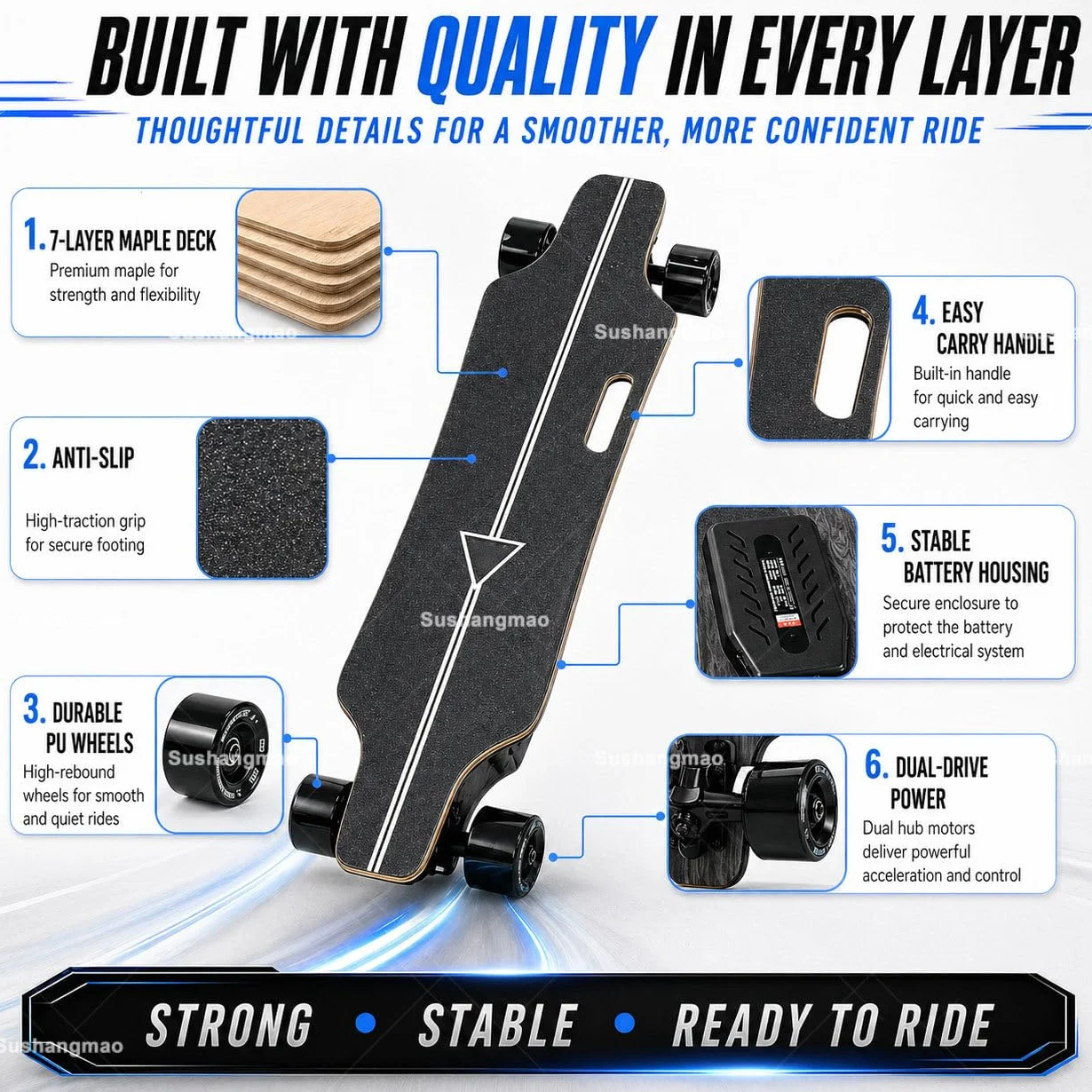 Longboard Elettrico per Adulti E Principianti – Ponte in Acero A 7 Strati con Ammortizzazione, velocità Massima 25-50 Km/H, Telecomando LCD con Controllo A 4 velocità Single-Drive-30km