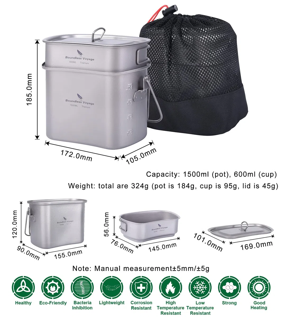 iBasingo Bicchiere da Campeggio in Titanio Pentole Set di Utensili da Cucina Stoviglie Portatili Leggere da Esterno Latta da 1500ml Ciotola da 600ml con Coperchio e Manici Pieghevoli per 1 Persona