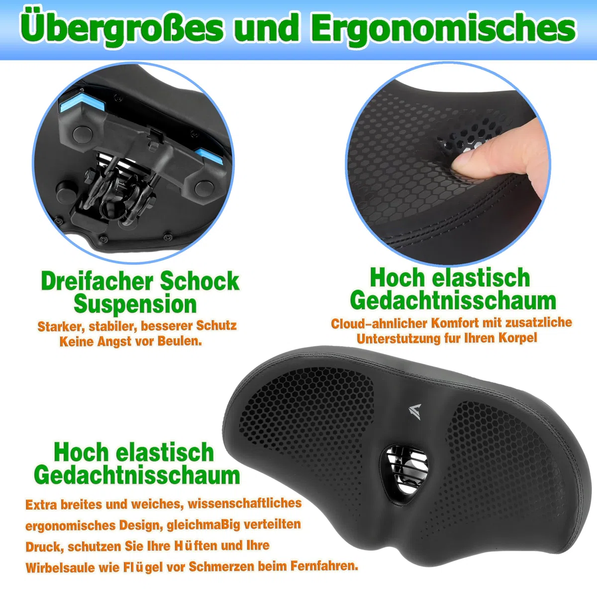 Sella per bicicletta oversize per uomo e donna, sella universale per mountain bike, city bike, bici elettriche, cyclette, comoda, extra larga, traspirante, ergonomica (nero)