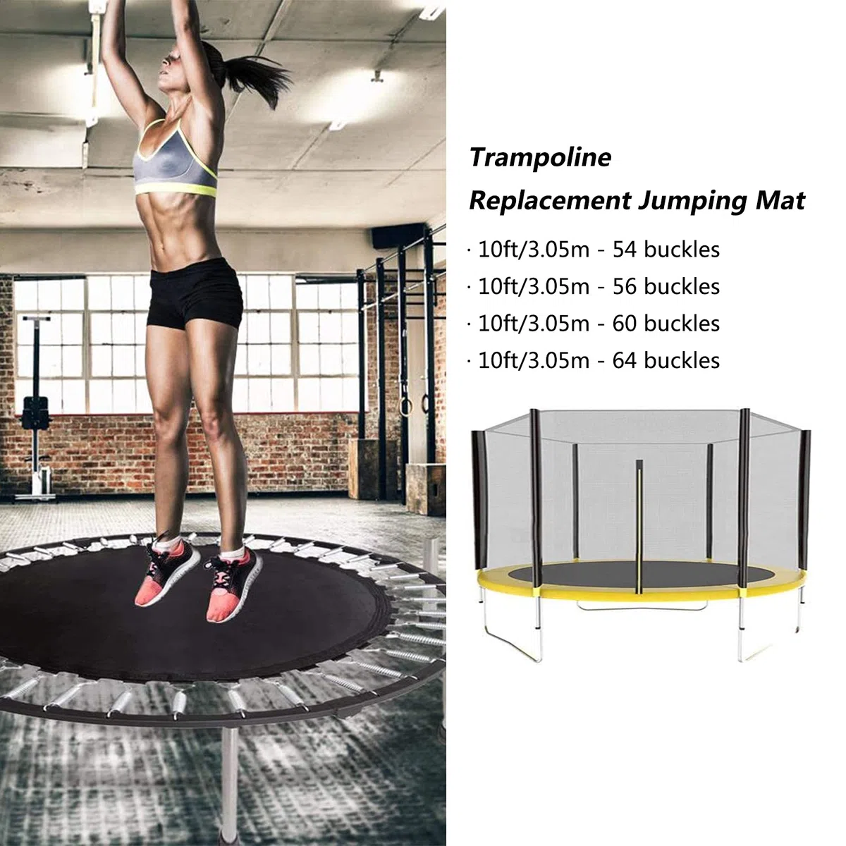Tappeto Elastico Telo Ricambio Trampolino, Telo di Ricambio Trampolino, ø 305cm, 54/56/60/64 Occhielli, Tappeto da Salto per Trampolino da Giardino, Nero,10ft/56 Buckles