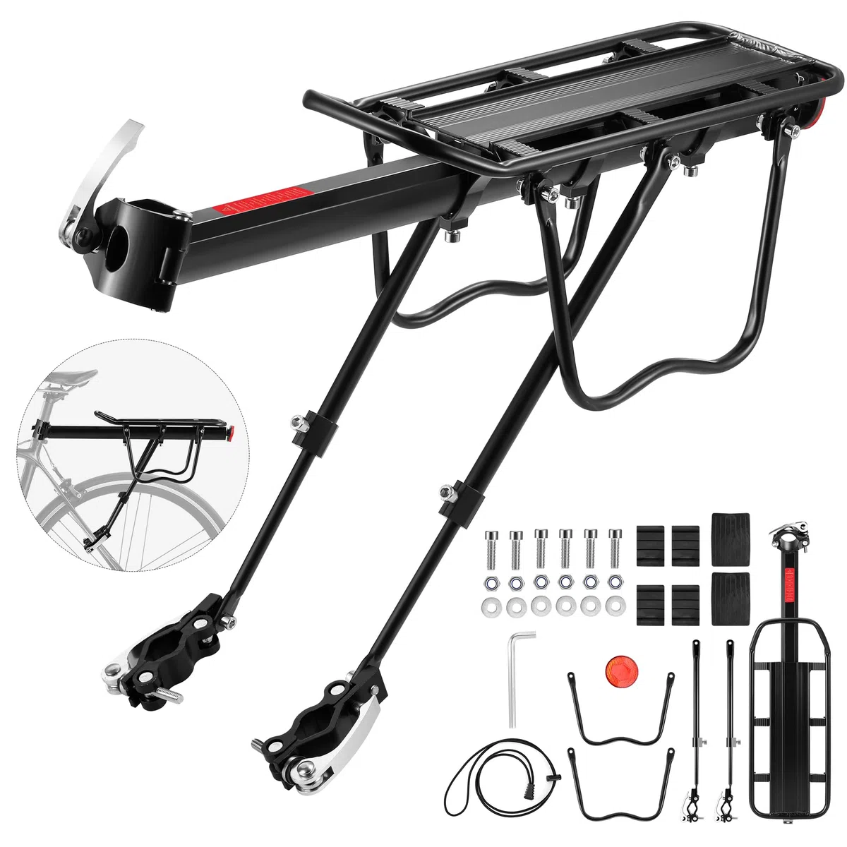 DazSpirit Portapacchi Bici, Portapacchi Bici Posteriore Regolabile, Portapacchi mtb Posteriore, Rilascio Rapido, porta pacchi bici carico Massimo di 60kg con riflettore, Materiale in Lega di Alluminio