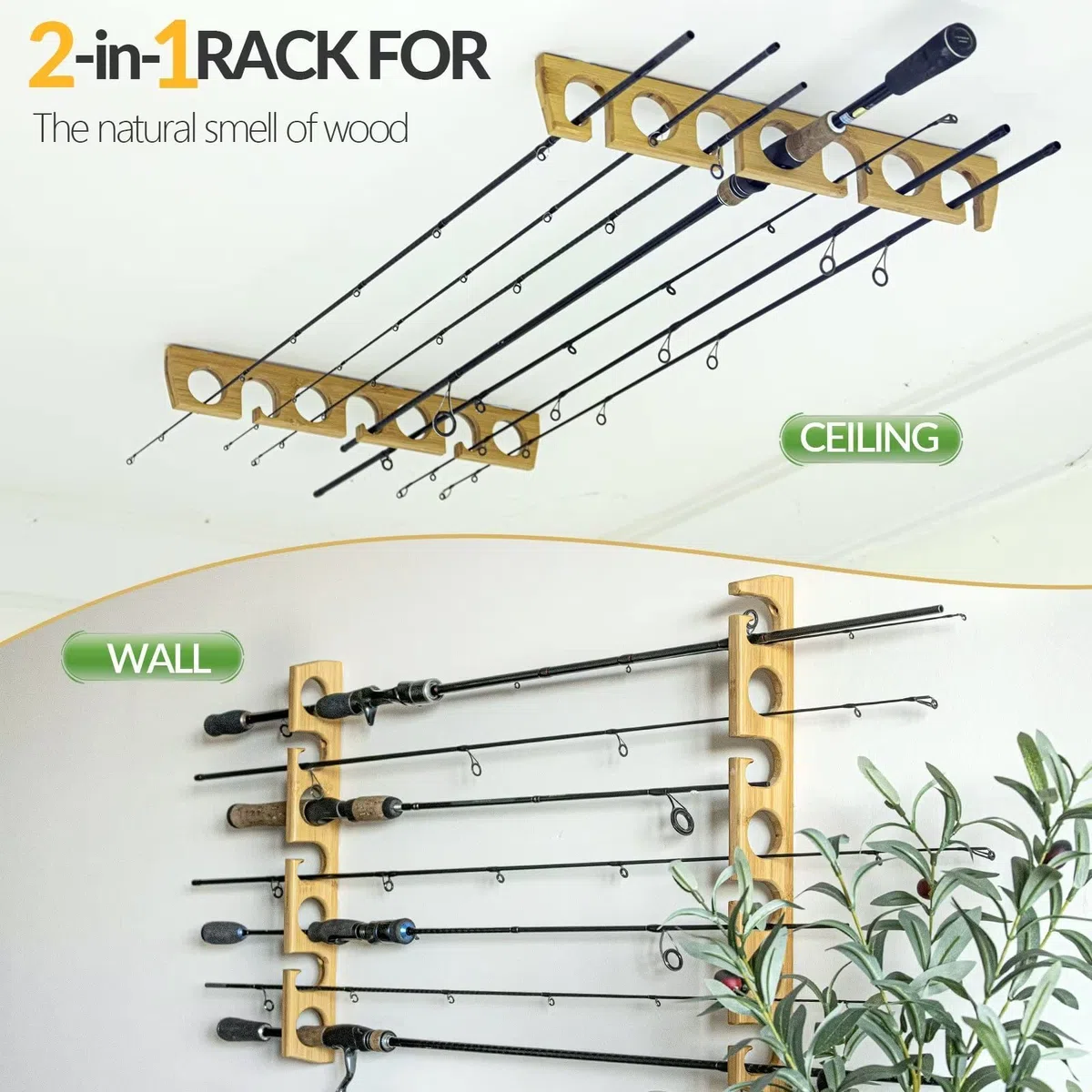 THKFISH Porta Canne da Pesca da Muro Portacanne da Pesca per Garage in Legno Bastone da Pesca Wall Rack Store 7 combo di canne da pesca, 1 coppia Orizzontali