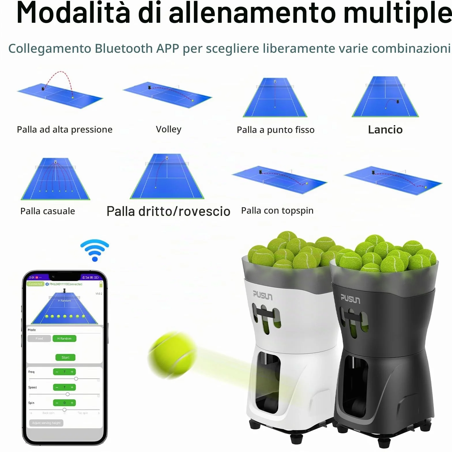PT-Mini Pro - Macchina professionale per palline da tennis, automatico, con telecomando, controllo intelligente con app, tramoggia di oltre 65 palline, alimentata a batteria, attrezzatura per esercizi