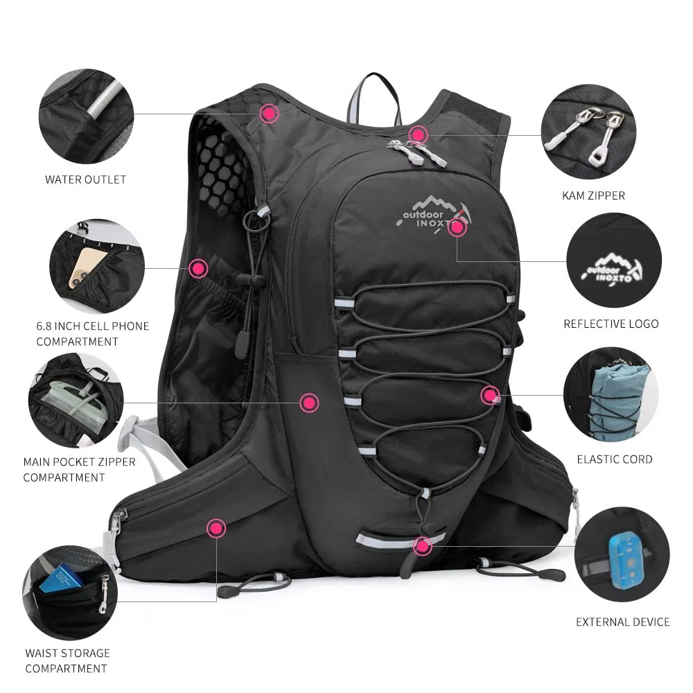 IX INOXTO Gilet idrico da corsa per uomo e donna, zaino per corsa, 3 l, per corsa, corsa, trail running, maratona, corsa, escursionismo (nero bianco)