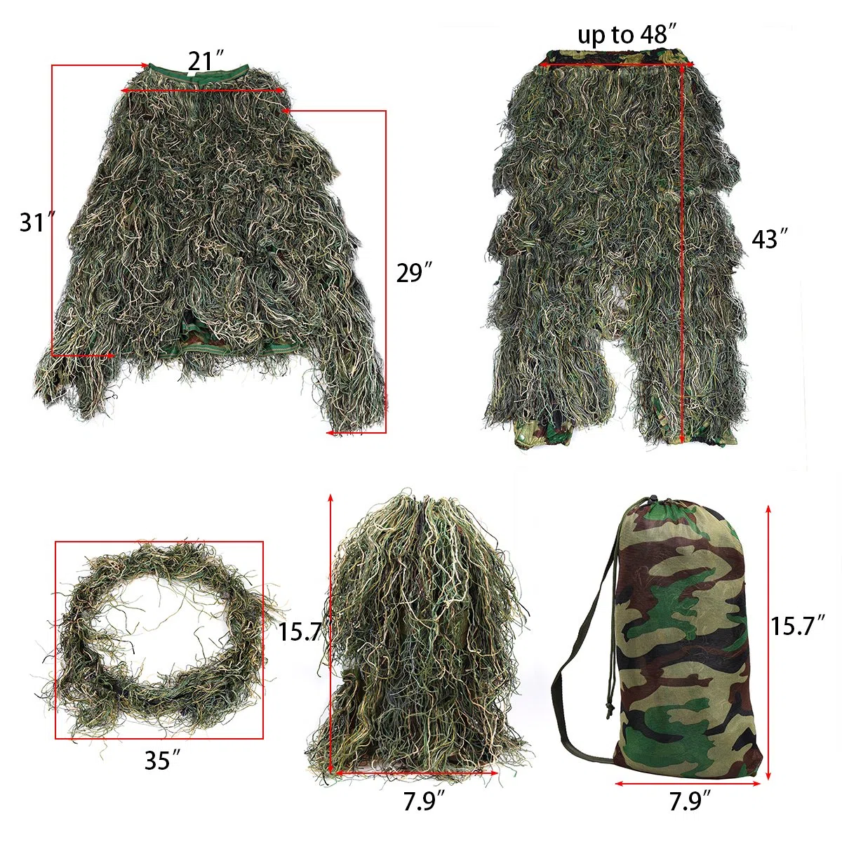 Goetland 5 Pezzi 3D Ghillie Suit Kit Softair Tuta Mimetica da Caccia Accessori Rete Mimetica Softair per Uomo Adulto
