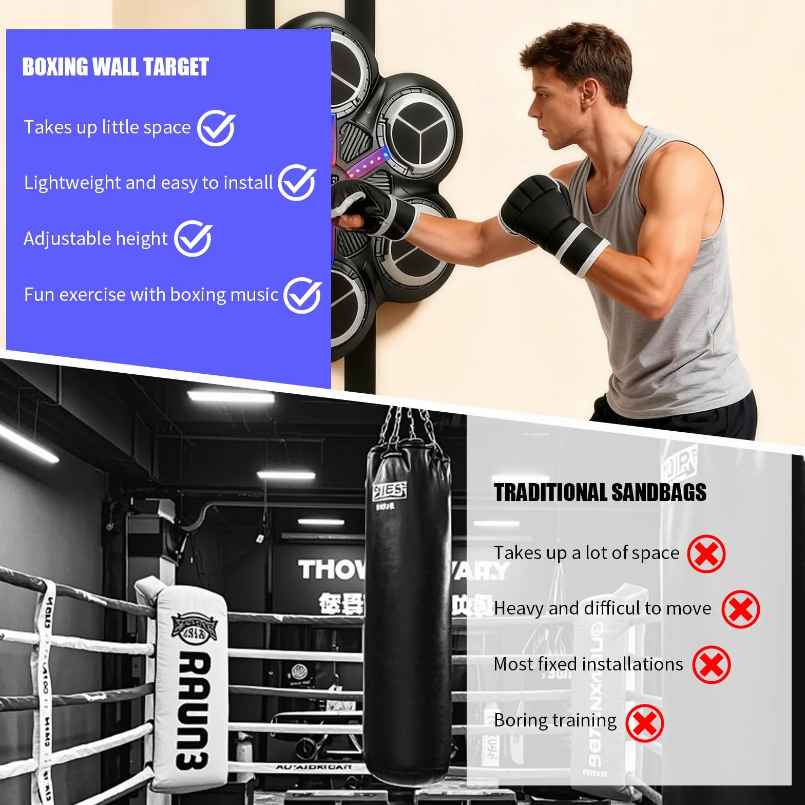 Macchina da Boxe Musicale, LED Music Boxing Machine a Parete con Guanti, Luci Colorate, Supporta Bluetooth, 3 Velocità Modalità di Allenamento, Modalità di Conteggio, per Adulti e Bambini