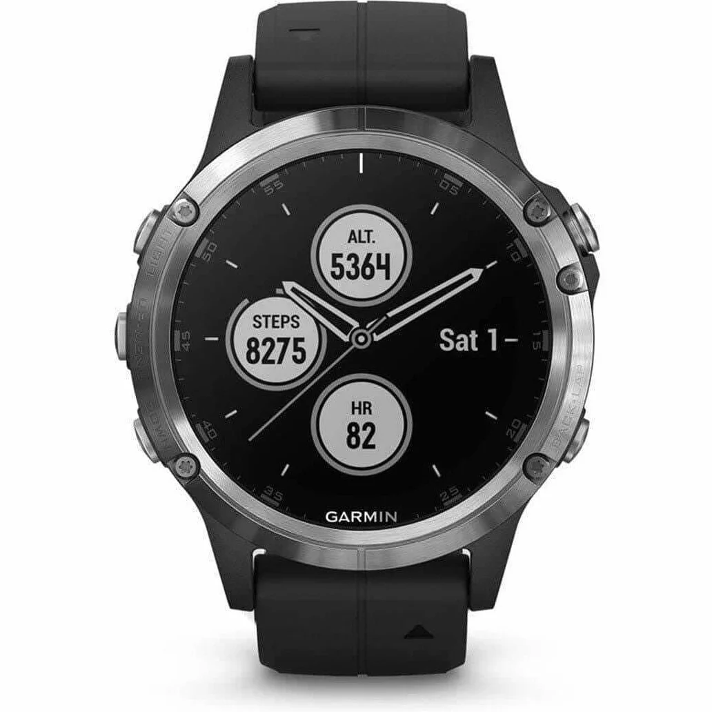 Garmin Fenix 5 Plus Smartwatch Multisport con Mappe GPS, Musica e Pagamento Contactless, Glass 47 Mm, Bussola/Giroscopio/Altimetro, Silver con Cinturino, Nero