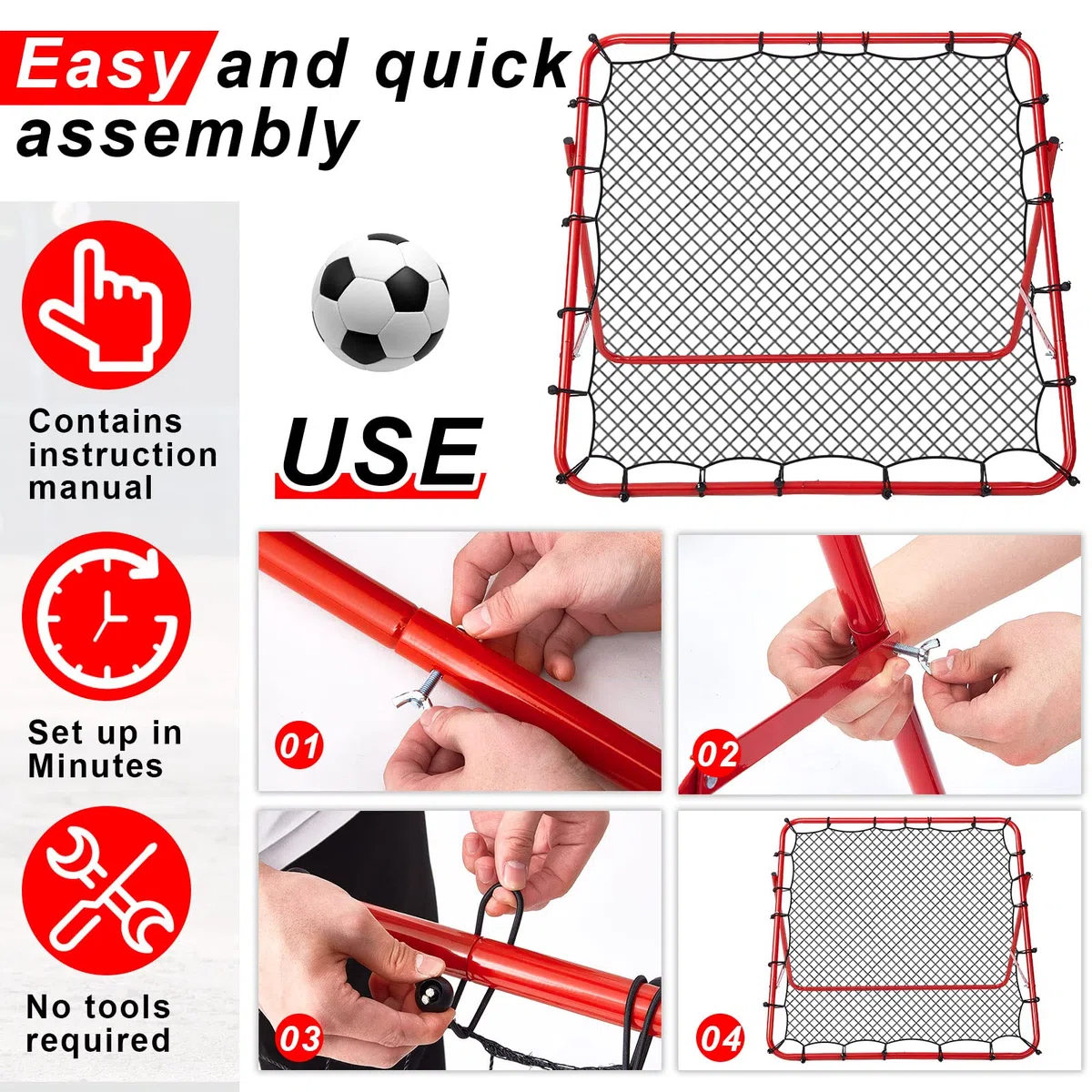 Rete da rimbalzo per calcio, 39,4 x 39,4'', pieghevole, per allenamento, rete da rimbalzo, obiettivo, rete da rimbalzo, regolabile, facile da installare, telaio in ferro, rete da rimbalzo per calci