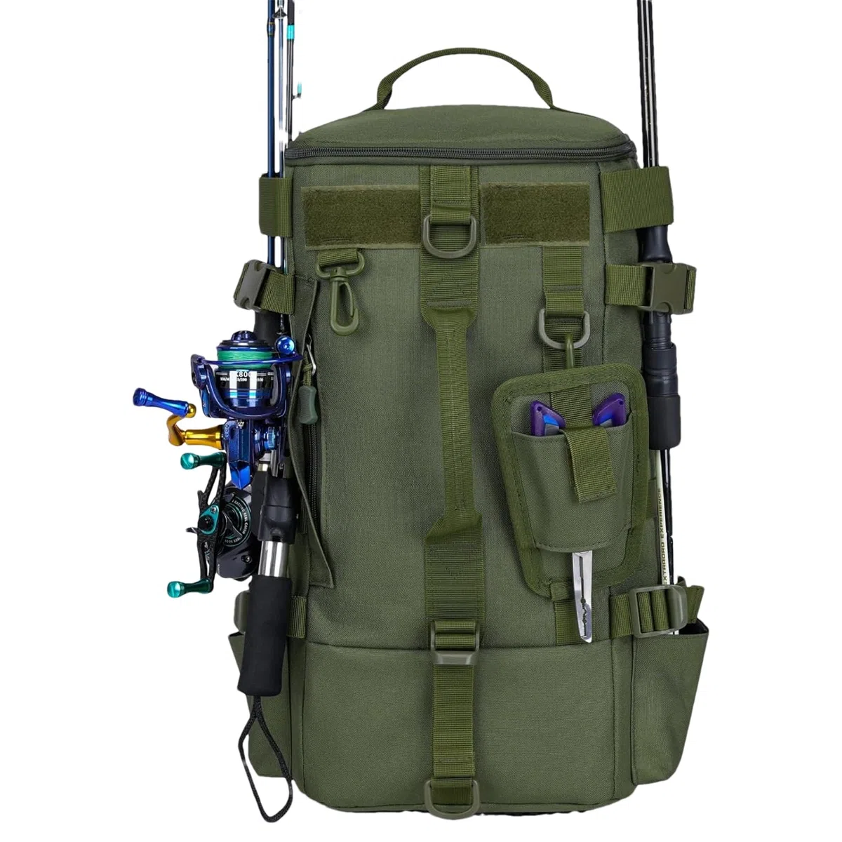 Zaino per attrezzatura da pesca, borsa da pesca all'aperto con porta canna | borsa da viaggio, stoccaggio, grande spazio per campeggio ed escursionismo, Verde militare, Refer to description, Unisex