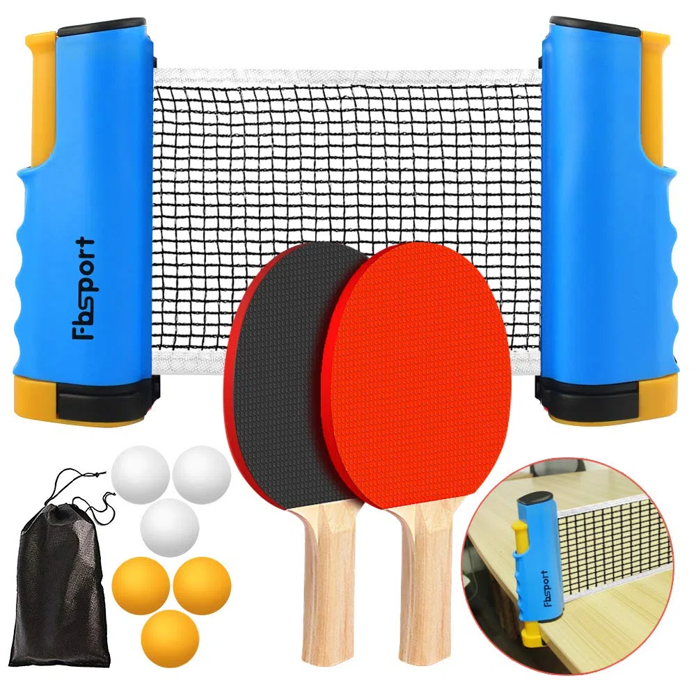 FBSPORT Set da ping pong, set portatile da ping pong con rete retrattile, racchette, palline e borsa per il trasporto, per giochi interni ed esterni