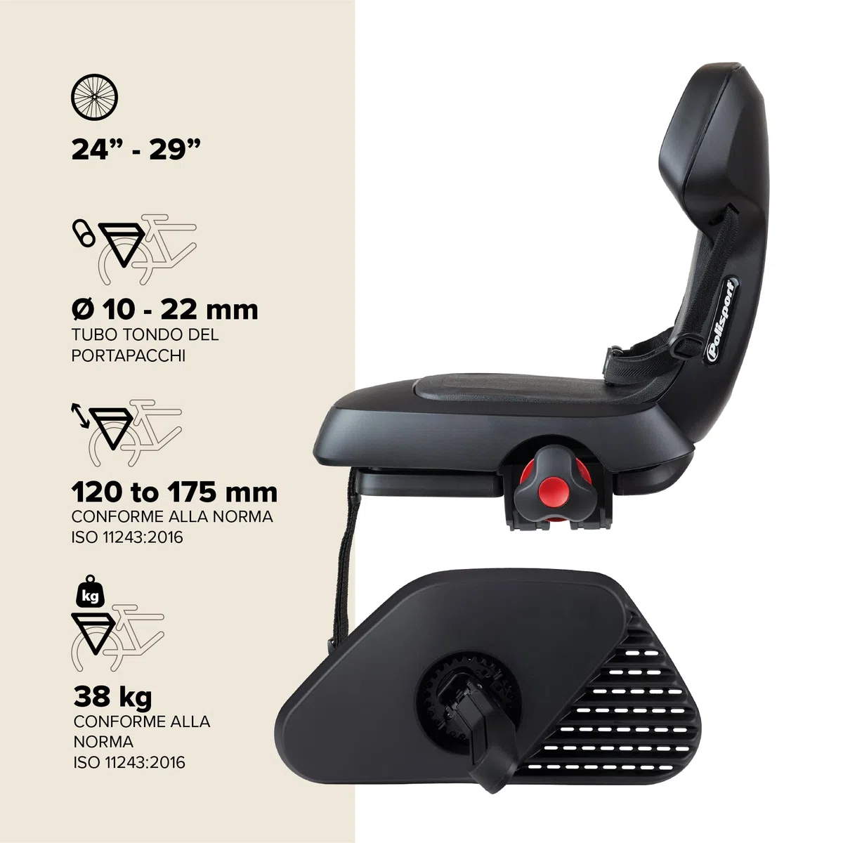 Polisport Guppy Junior AMZ All Black 8636100027 - Seggiolino Posteriore Per Bambini Età 6+,Altezza 1,10 M+,Max 35 Kg,Seggiolino Bambino, Poggiapiedi Pieghevoli,Protezione Ruota, Per Portapacchi,Nero