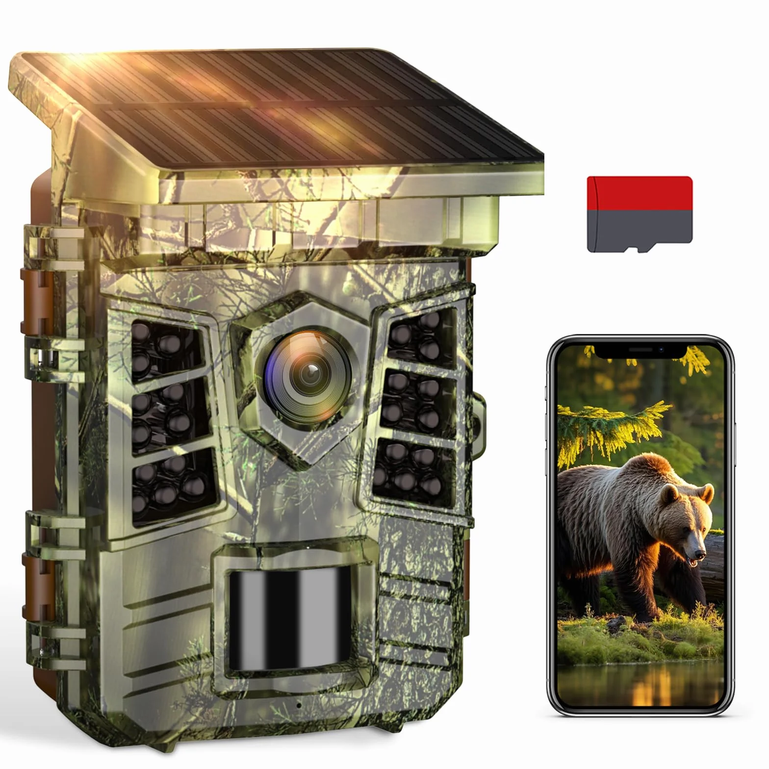 Fototrappola Solare 4K 60MP, Fototrappola WiFi Bluetooth con APP, Batteria Ricaricabile da 2600mAh Integrata IP66 Fotocamera con SD 32GB per sorveglianza della fauna selvatica