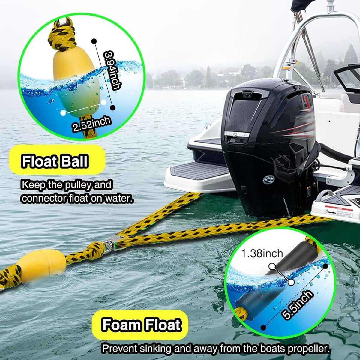 Imbracatura di traino per sci d'acqua, corda per connettore rapido per barca, 300 x 8 x 8 cm, tubo trainabile per sport e tiro, 4 piloti principianti appassionati adulti rimorchiabili attrezzature