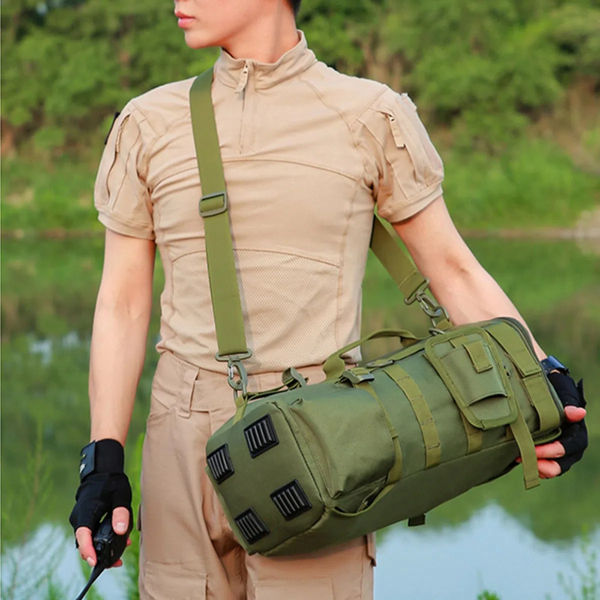 Borsa per attrezzatura da pesca resistente all'acqua all'aperto con supporto per canna da pesca zaino borsa porta canna da pesca, Verde
