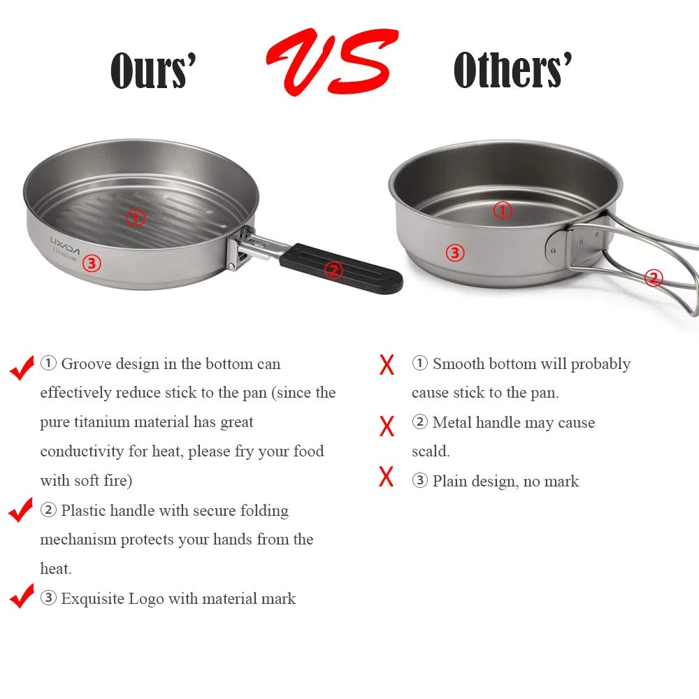 Lixada 1100ml Titanium Fry Pan Ultralight Grill Padella Antiaderente da Campeggio Pentole da Campeggio Backpacking Padella in Titanio con Maniglia Pieghevole, Outdoor Cooking Grill Padella