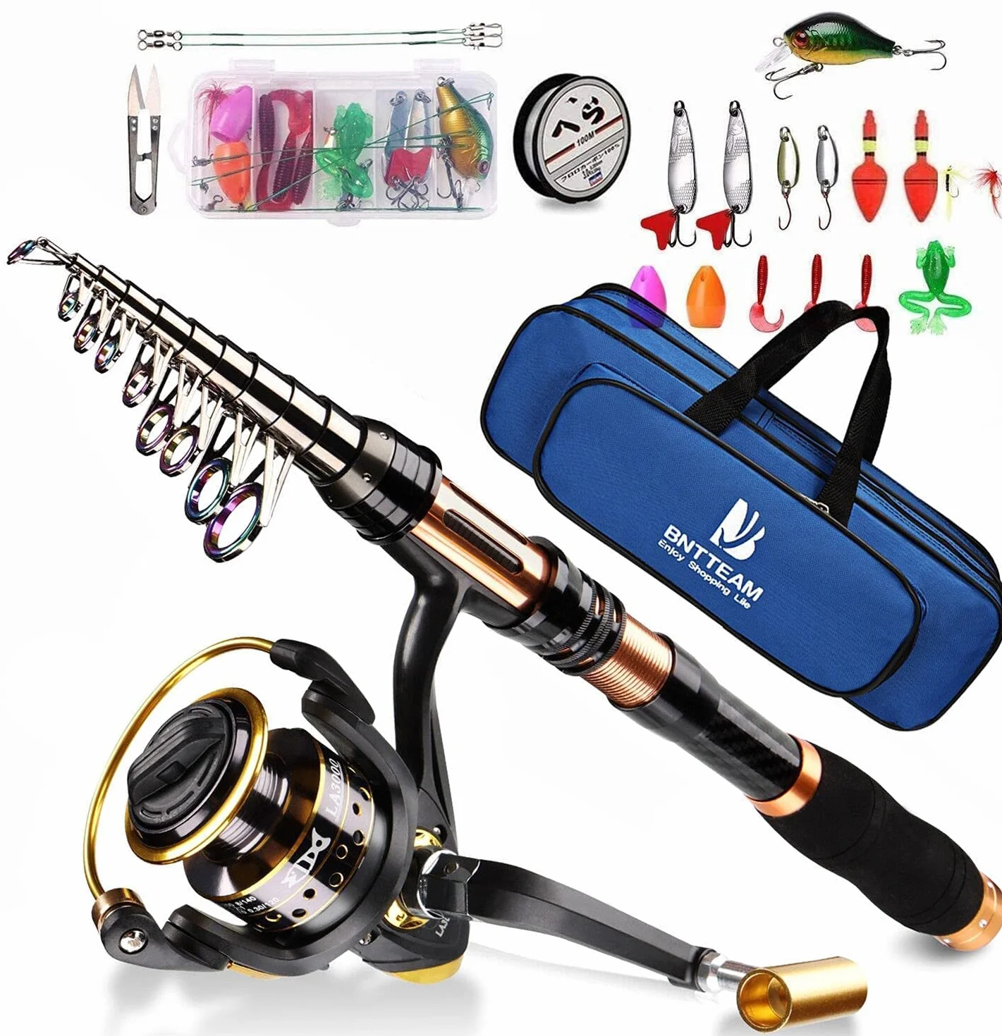 Set Combinato Canna Da Pesca Telescopica Mulinello Da Spinning 99% Carbonio Con Borsa Esche Per Mare Acqua Dolce Stagno Fiume (T1-Kit completi, ‎3.6M/141.7in/11.81ft)