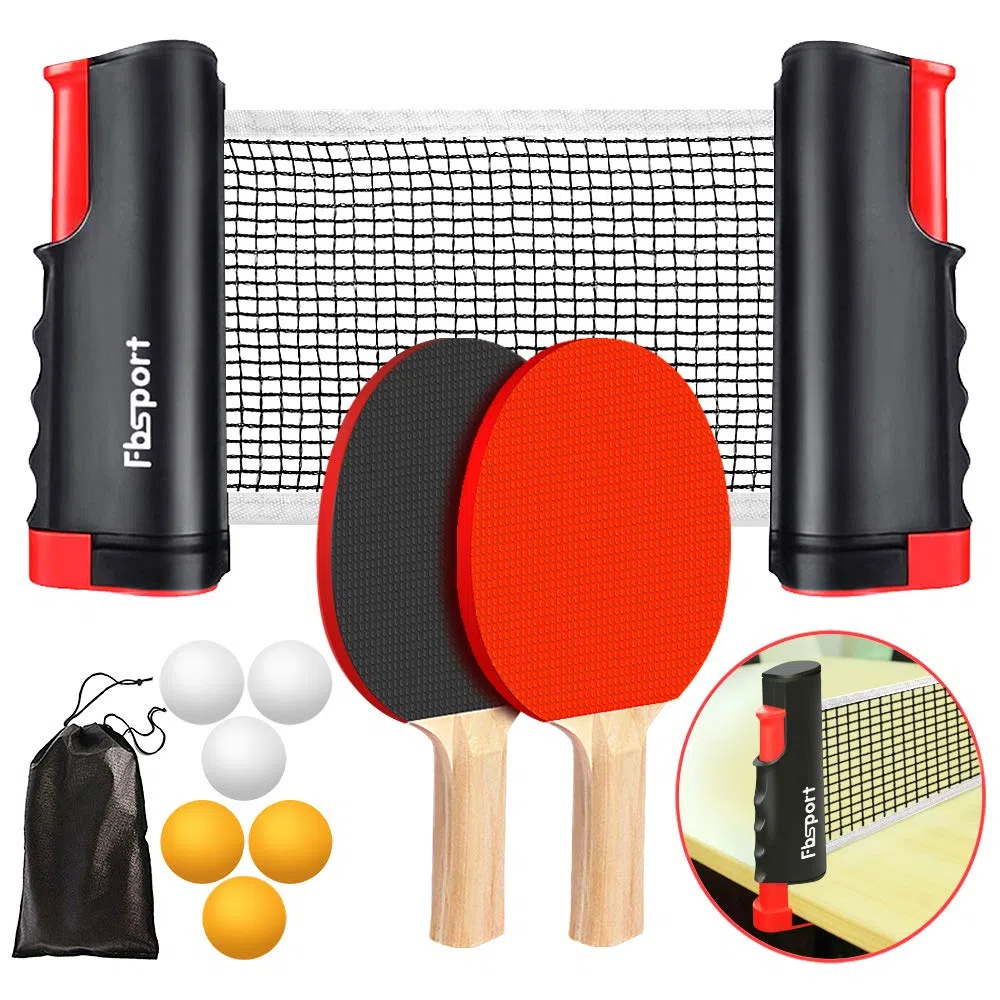 FBSPORT Set da ping pong, set portatile da ping pong con rete retrattile, 2 racchette, 6 palline e borsa per il trasporto, per bambini e adulti, giochi per interni ed esterni, nero