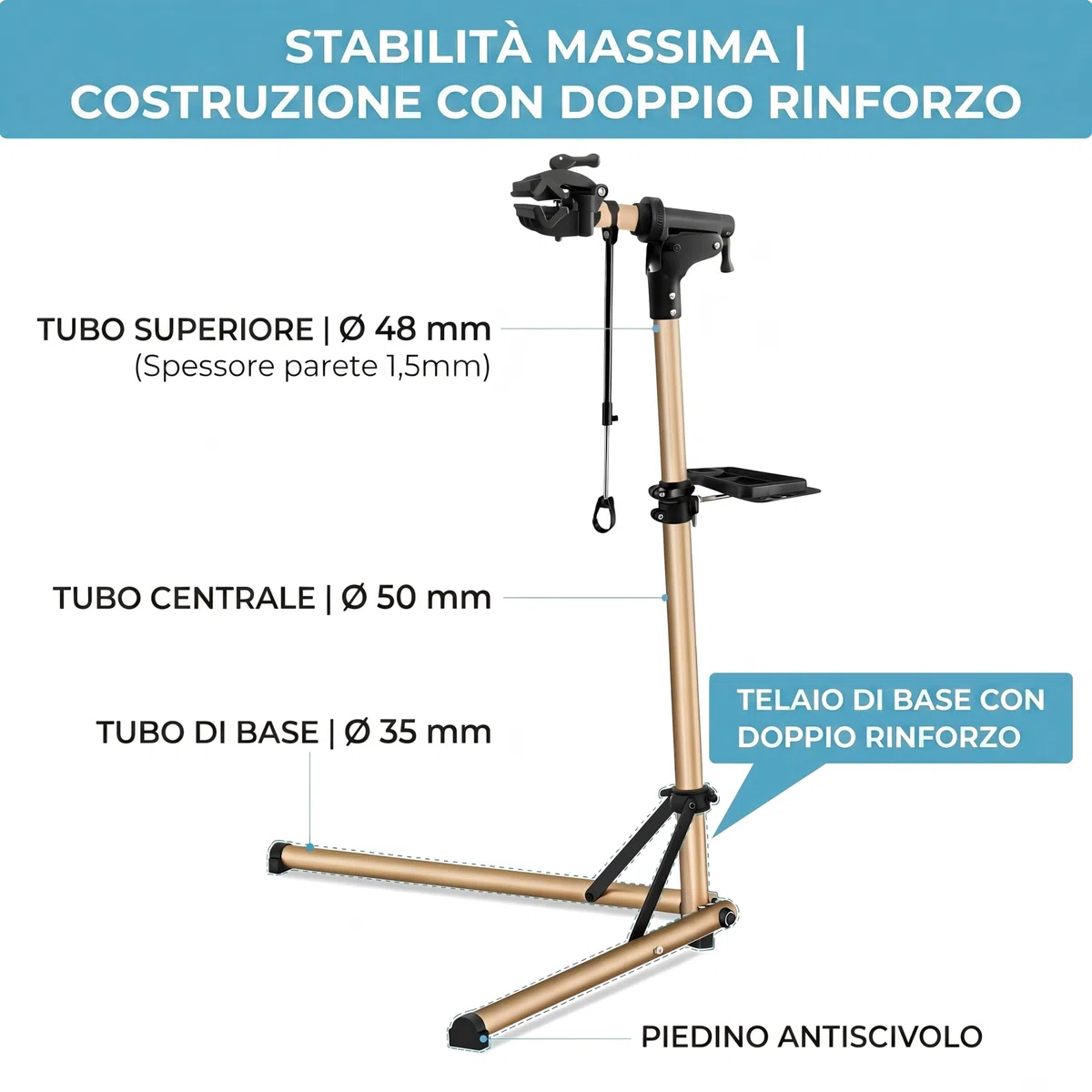 Cavalletto da Riparazione e Montaggio in Alluminio per Bici, Completamente Pieghevole, Doppio Blocco di Sicurezza, Compatto, Ultraleggero, Vassoio Magnetico per E-Bike/Mountain Bike