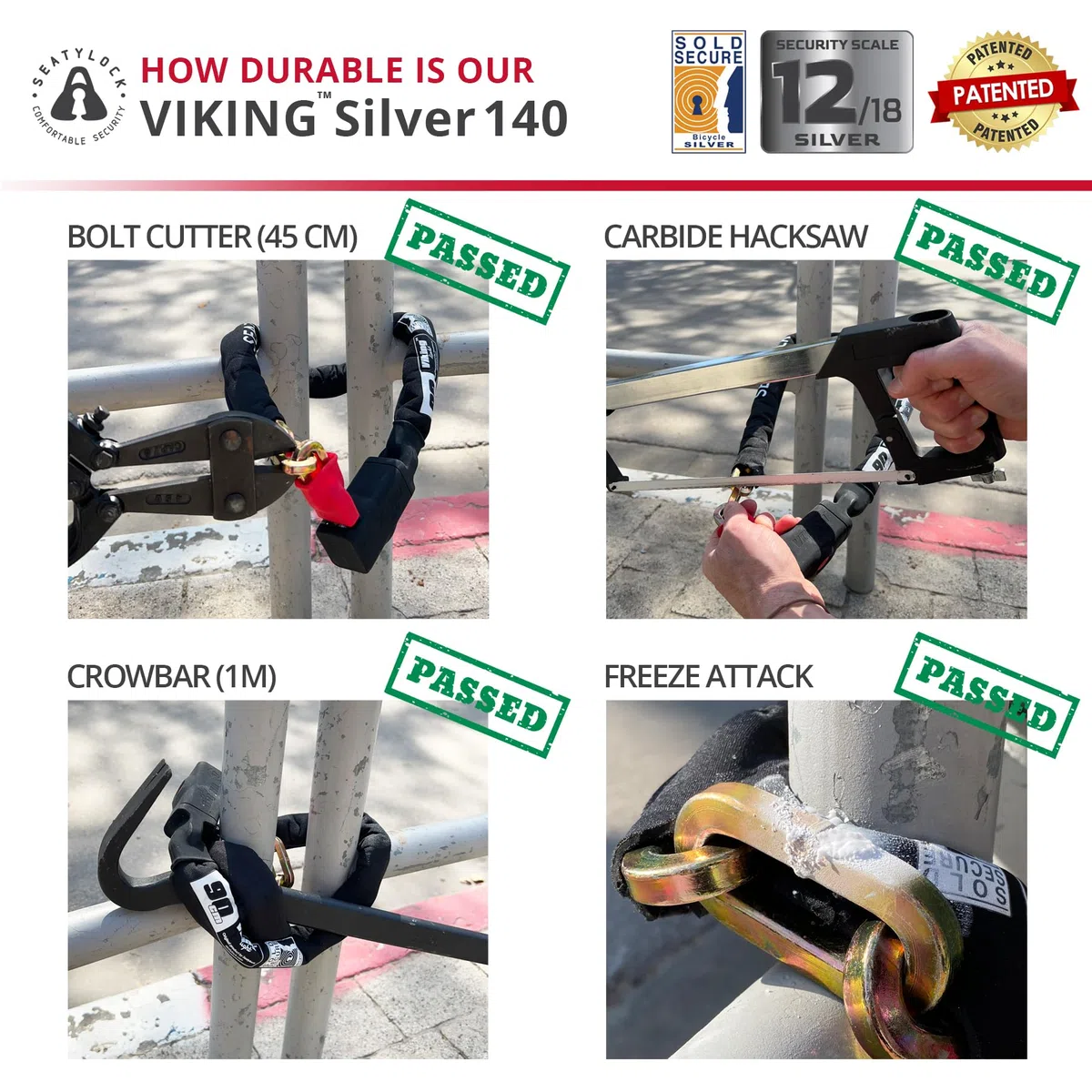 Seatylock Viking - Catena con lucchetto per bicicletta con chiave, antifurto brevettato, per mountain bike o bici elettriche (140 cm, colore argento)