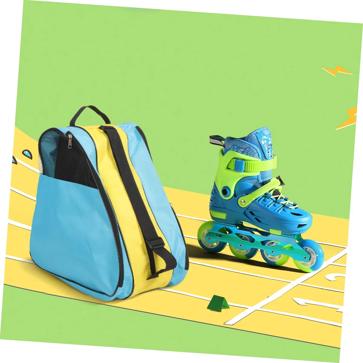 UPKOCH Borsa Porta Pattini a Rotelle Zip, Zaino per Scarpe da Pattinaggio | Nylon, Blu e Giallo, Rete Parziale, Tracolla Singola, per Conservazione e Trasporto