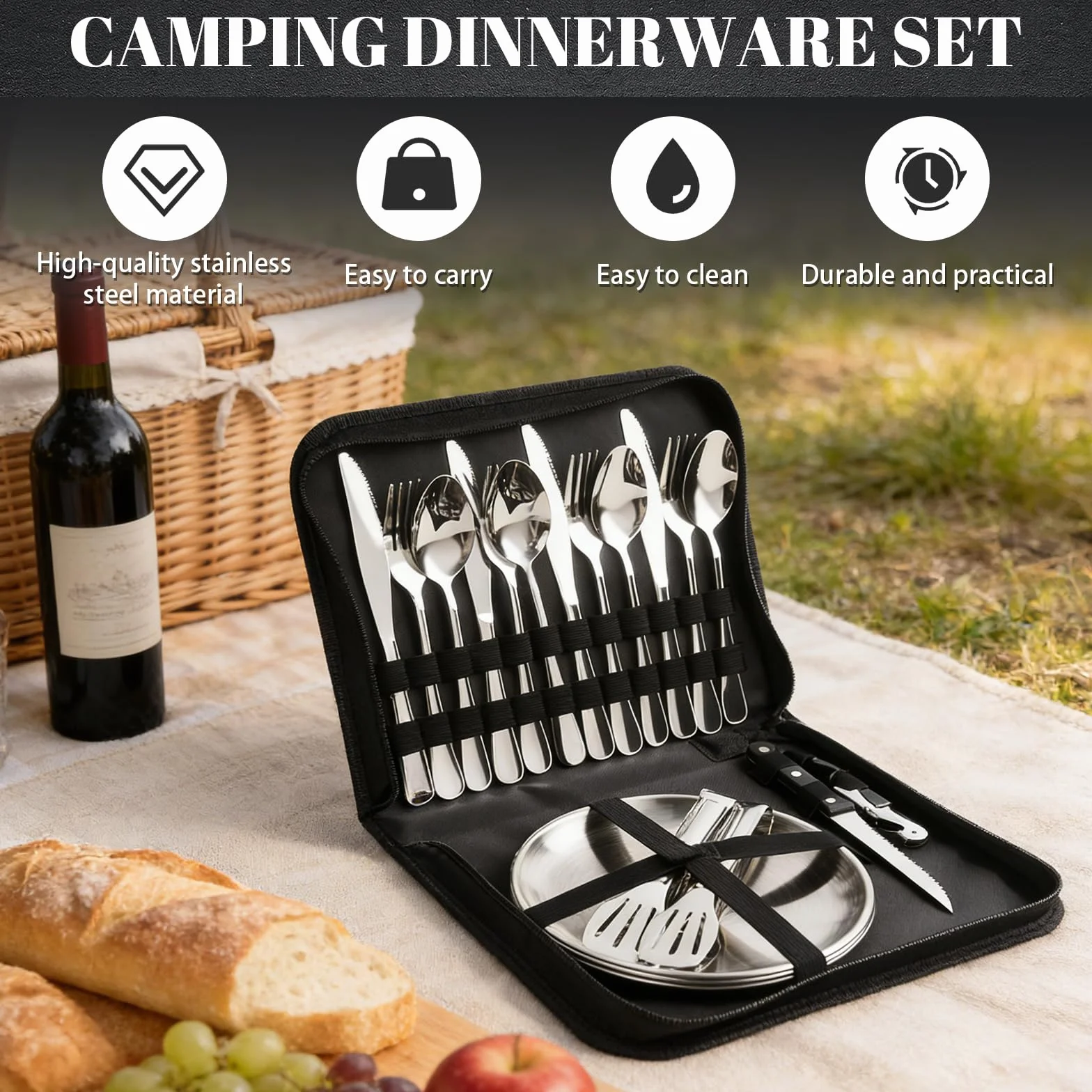 Set di stoviglie da campeggio per 4 persone, 22 posate da campeggio portatili, posate da campeggio con cucchiaio, forchetta, coltello, clip piatto in acciaio inox 304, portaposate per picnic, viaggi