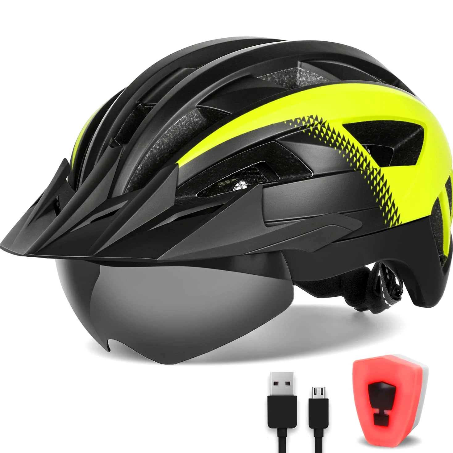 Casco Bici per Uomo Donna Adulto, Leggero MTB con Visiera Rimovibili Occhiali Magnetici e LED Luce Ricaricabile, Ciclismo da Corsa (XL: 59-63 cm, Nero Giallo)