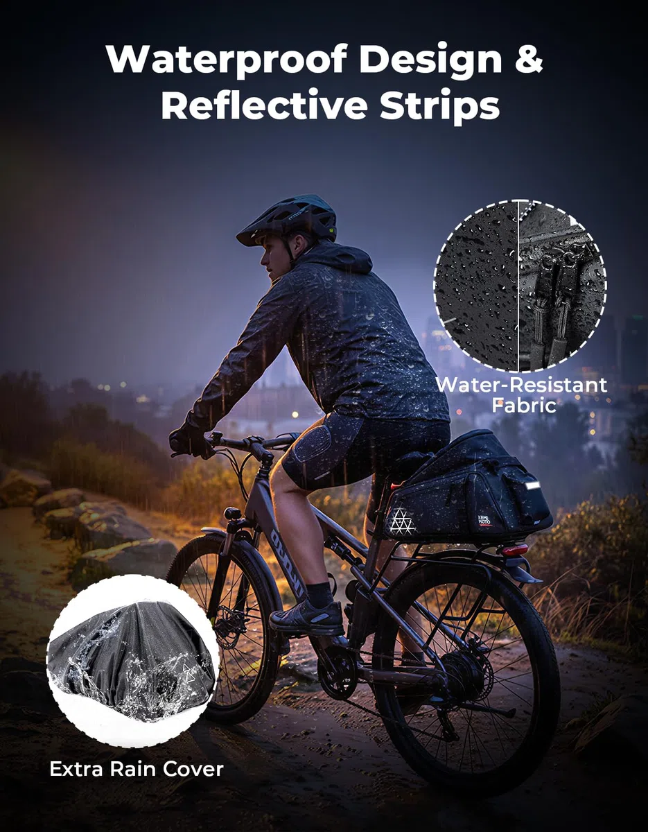 KEMIMOTO Borsa Bici Posteriore 3 in 1, 15L Borsa per Bicicletta Posteriori Impermeabile con Copertura Anti-Pioggia, Borse per Bici con Tracolla e Maniglia per Strada Bike Mountain Bike