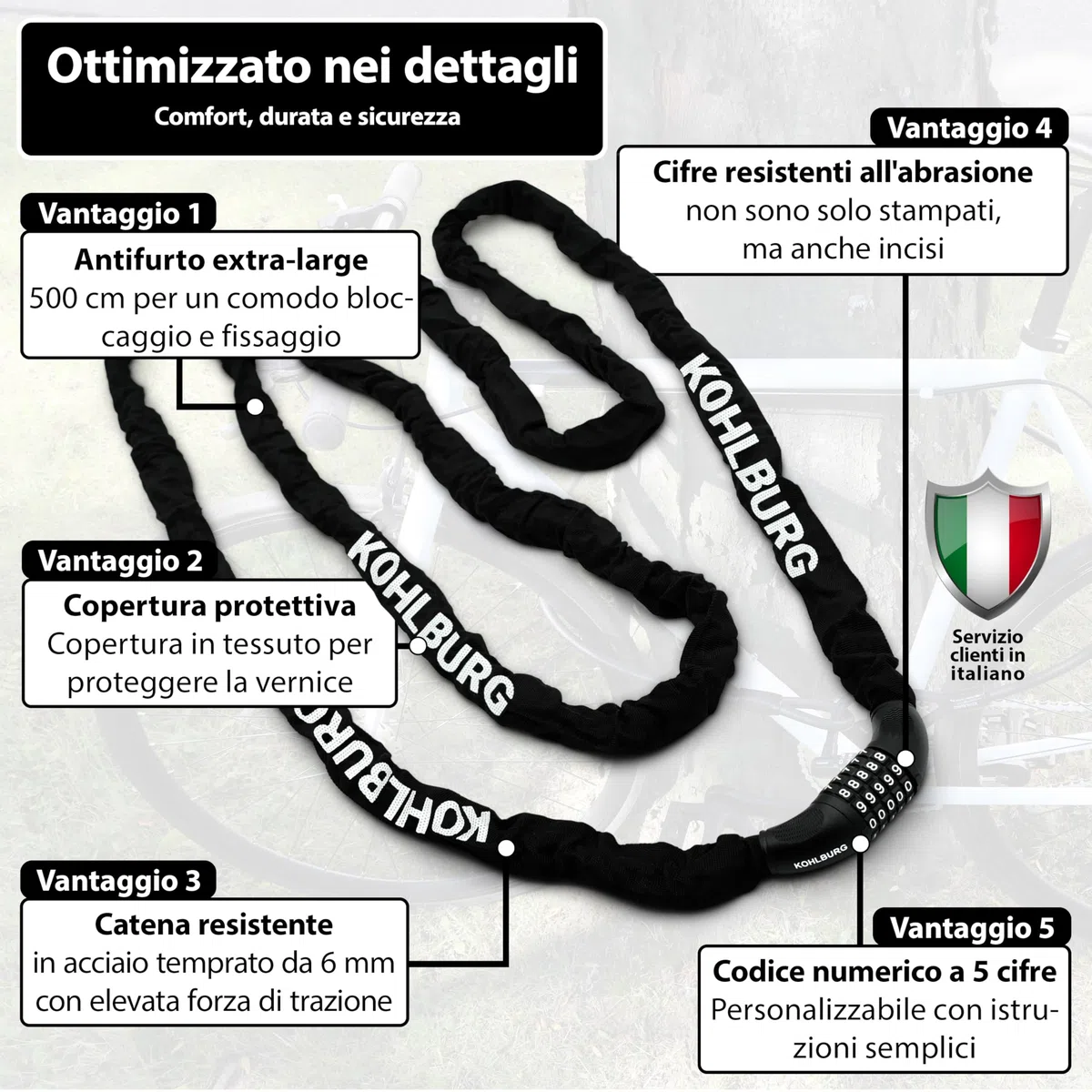 KOHLBURG Catena antifurto 5 m extra lunga con combinazione numerica, 500 cm & acciaio speciale 6 mm con a codice, lucchetto a combinazione 5 m per bici, e-bike, e‑scooter, mobili da giardino, barca