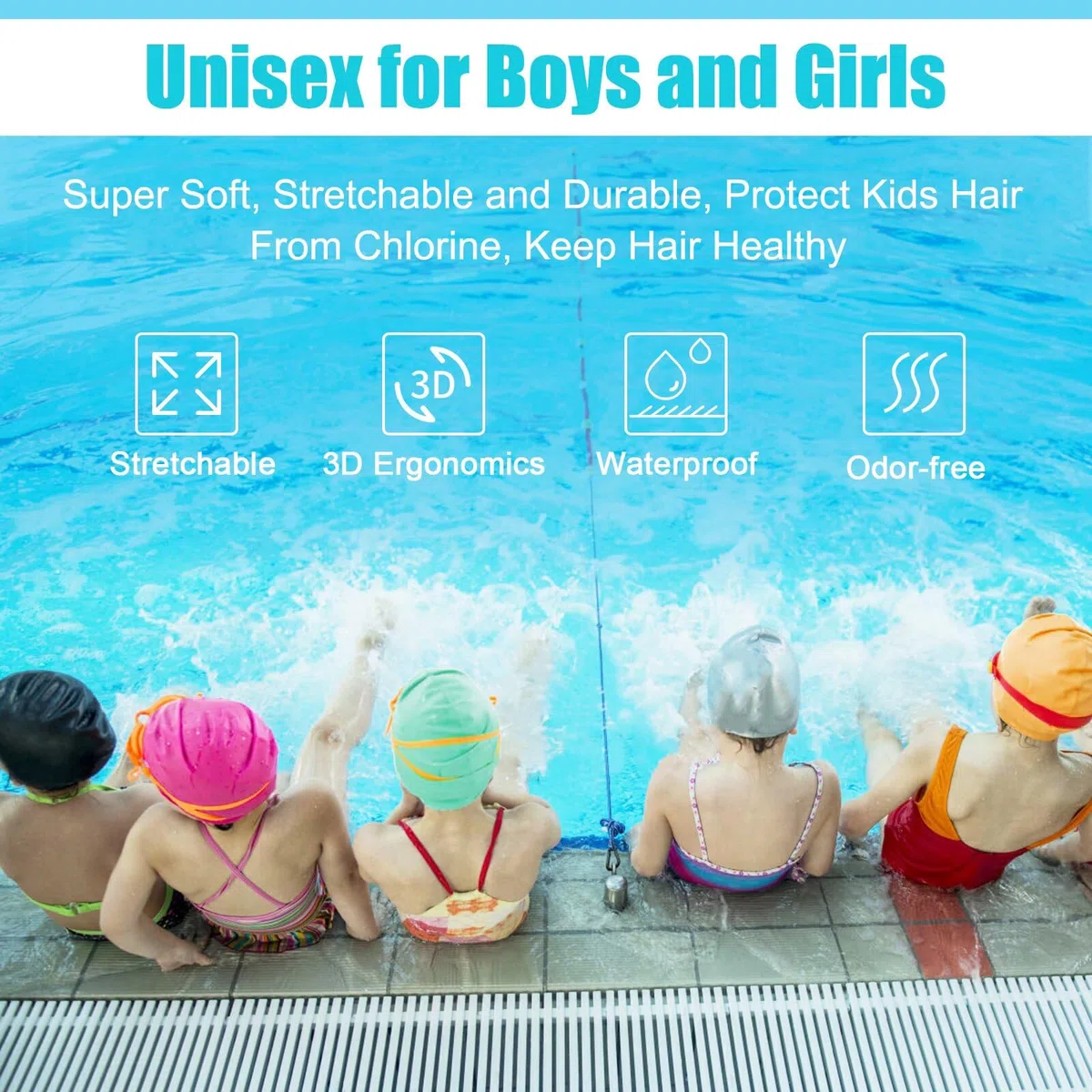 Alepo Confezione da 2 cuffie da nuoto per bambini e bambine, in silicone resistente, con tasche per le orecchie 3D, per bambini dai 3 ai 15 anni, unisex, per capelli corti/lunghi, con tappi per le