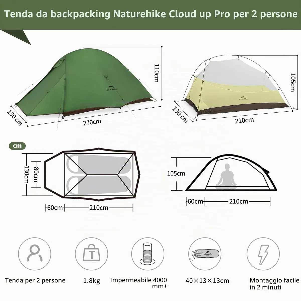 Naturehike Cloud Up Pro - Tenda da campeggio leggera per 2 persone, facile da montare, antivento e impermeabile, per attività all'aperto, viaggi, trekking (verde oliva/senza fluoro)