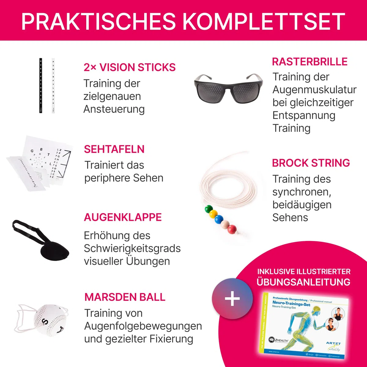 Starter Set | Neuroatletica Training per una migliore visione, riflessi e messa a fuoco | Include lavagne visive, stringa, occhiali a griglia e palla marsden | Ideale per sport, ufficio e