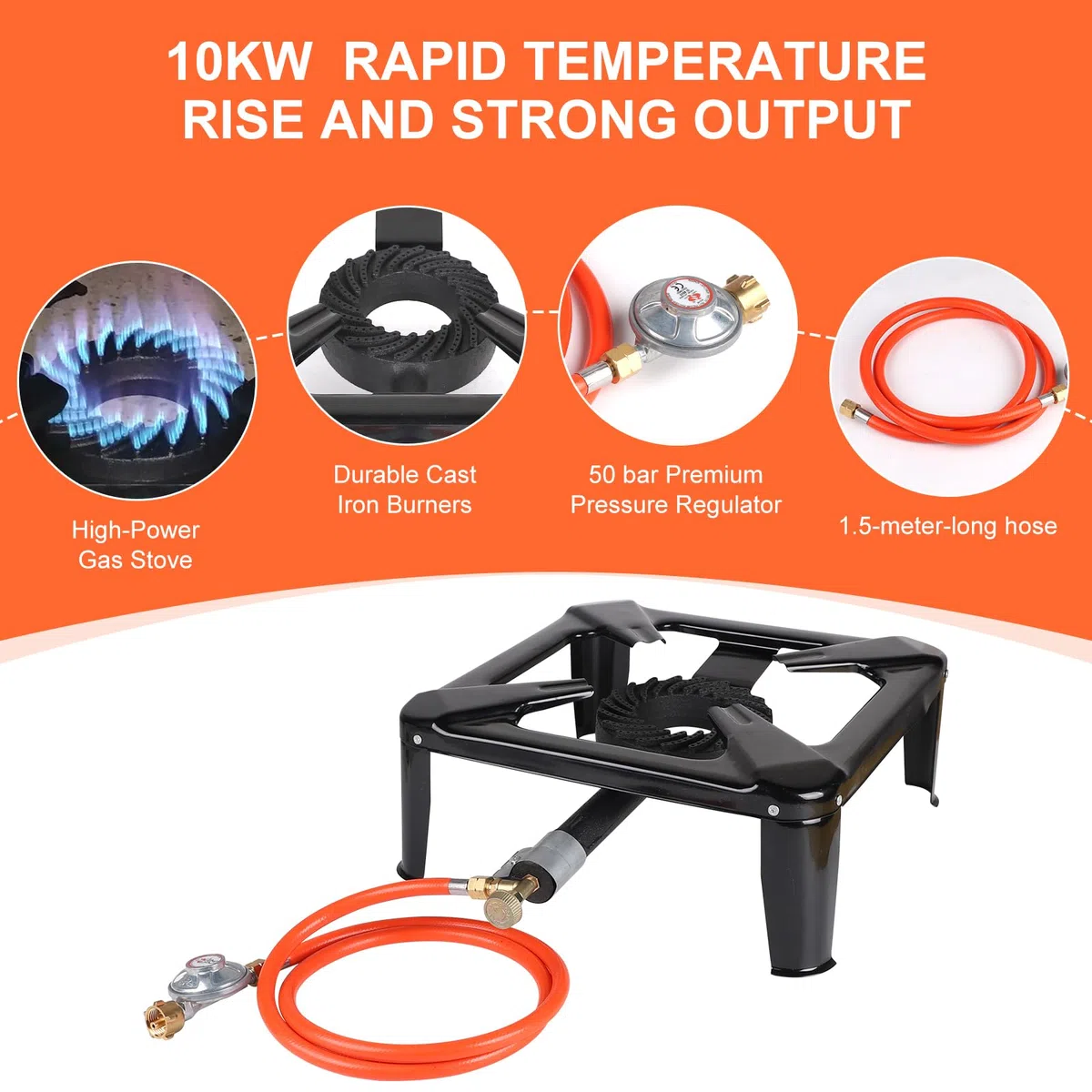 CPROSP Fornello a Gas da Esterno in Ghisa 10kw, 4 Piedi Bruciatore a Gas con Tubo da 1,5 m Riduttore Pressione da 50 bar, Fornello per Pomodori per Escursionismo Picnic campeggio