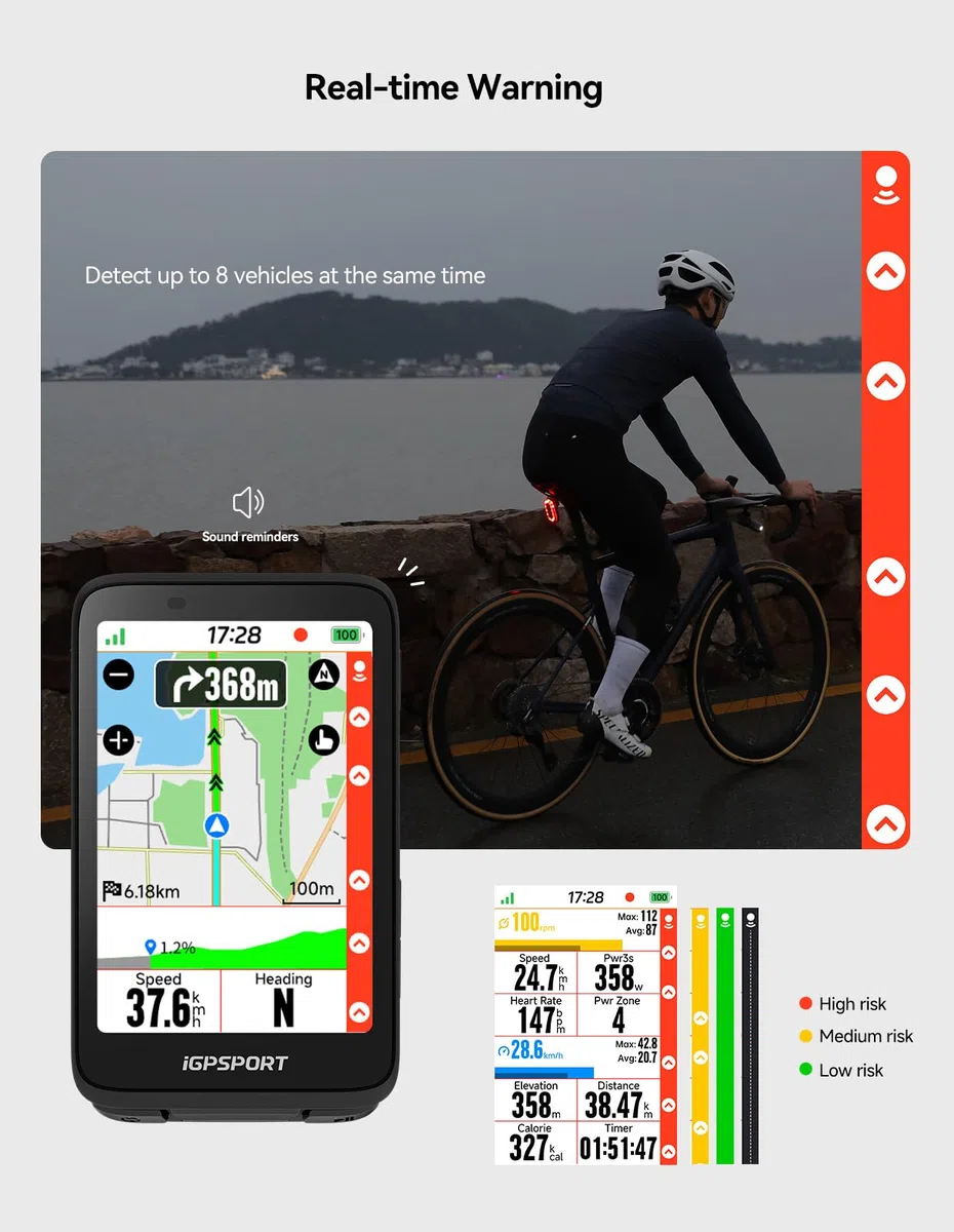 iGPSPORT SRmini Luce Posteriore Radar per Bicicletta, 20 Ore di Autonomia, Visione 1,2 km, Rilevamento Frenata, On/Off Automatico, 65 Lumen, Ant+, Bluetooth 5.0, IPX7