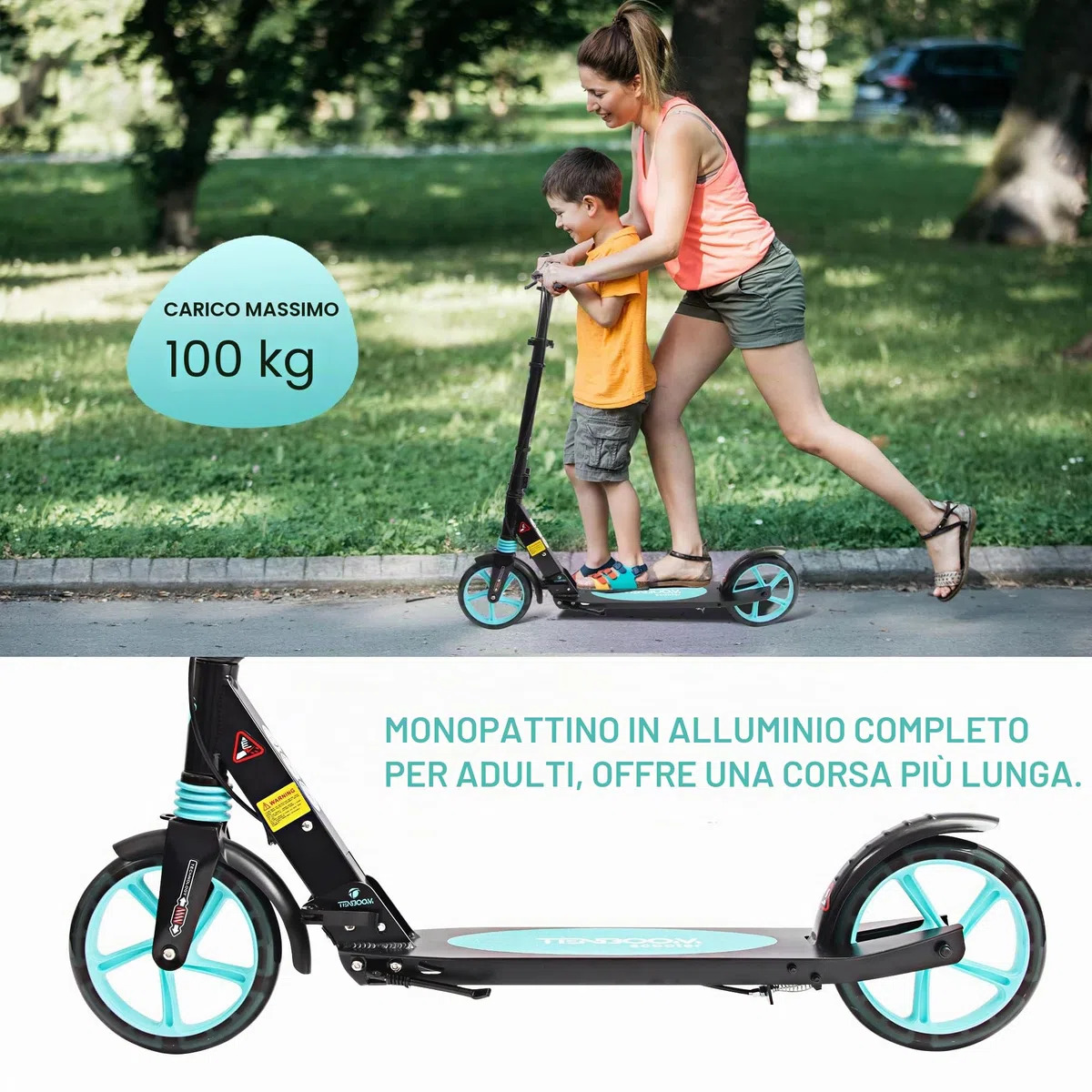 TENBOOM Kickscooter a disco in alluminio pieghevole, altezza regolabile per bambini 8 anni e risvegliati con freno a mano e campana, sistema a doppia sospensione