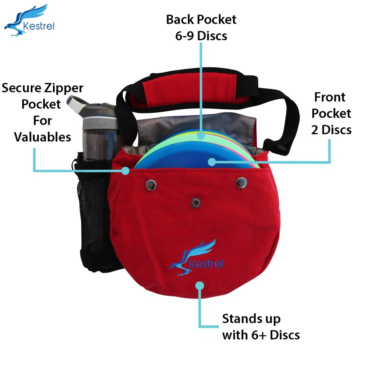 Kestrel Disc Golf bag | Fits 12 dischi + bottiglia | dischi giocatori di golf per principianti e avanzati | estremamente resistente tela | frisbee Disc Golf set borsa | sacca da golf, Red