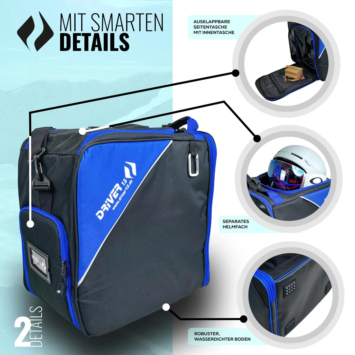 Driver13 borsa per scarponi/scarpe da sci con scomparto casco (bootbag) per scarpe da sci e boots snowboard (nero/blu)