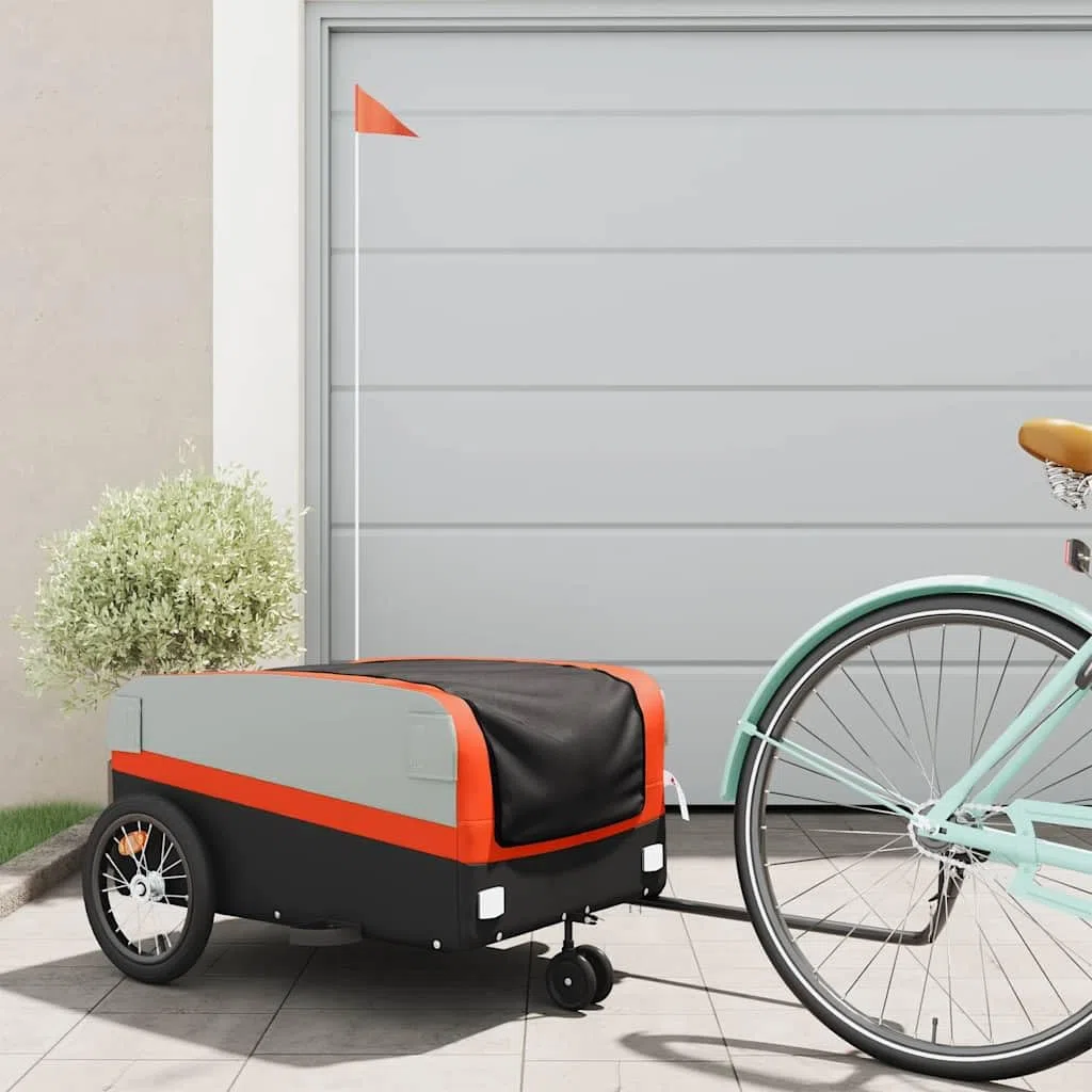 Rimorchio Bicicletta Nero e Verde in Ferro con Tessuto Oxford Portata, X 52.5x42, Timone e Bandiera di Sicurezza per Bagagli Shopping Outdoor